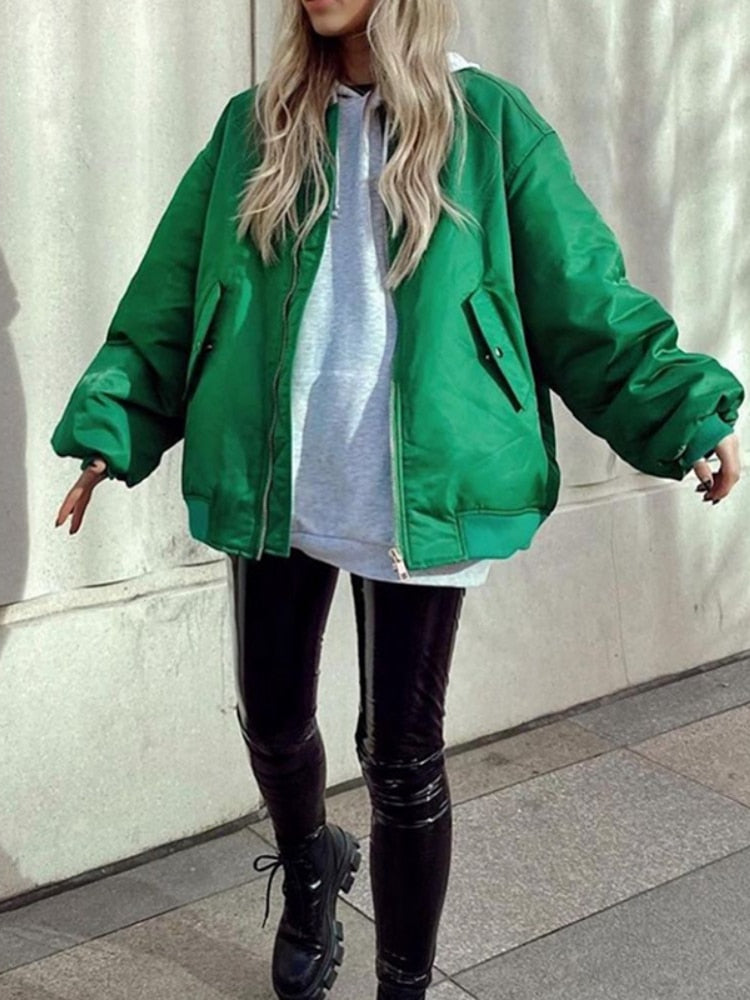 Jacket - Women Fashion Zipper Loose Green Bomber  Jackets