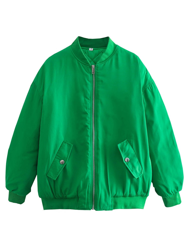 Jacket - Women Fashion Zipper Loose Green Bomber  Jackets