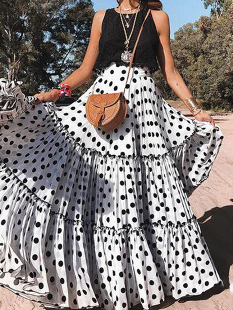 Polka Dot Women Ruffle Maxi Skirt