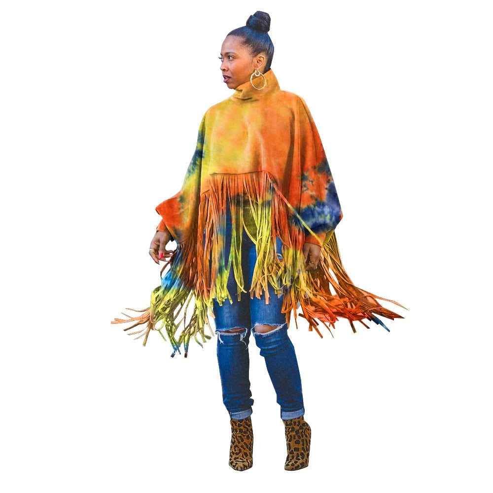 Fashion Long Sleeve Fringed Poncho