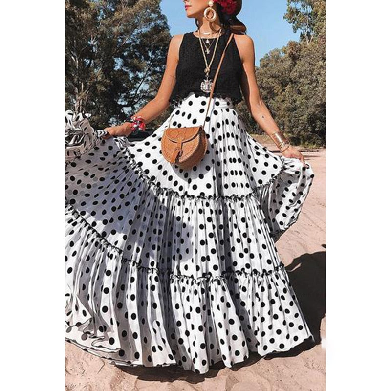 Polka Dot Women Ruffle Maxi Skirt