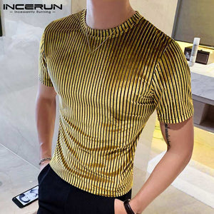 Men Casual T Shirt Velour Round Neck