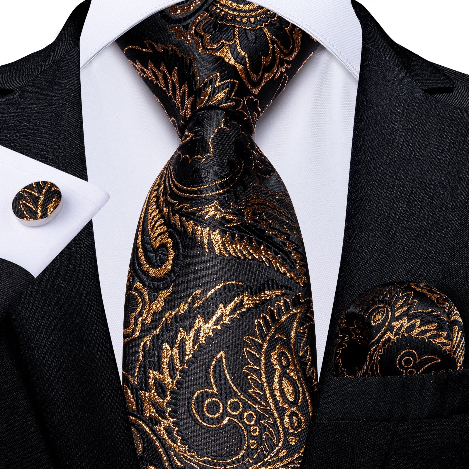 Luxury Gold Black Striped Paisley Silk Tie