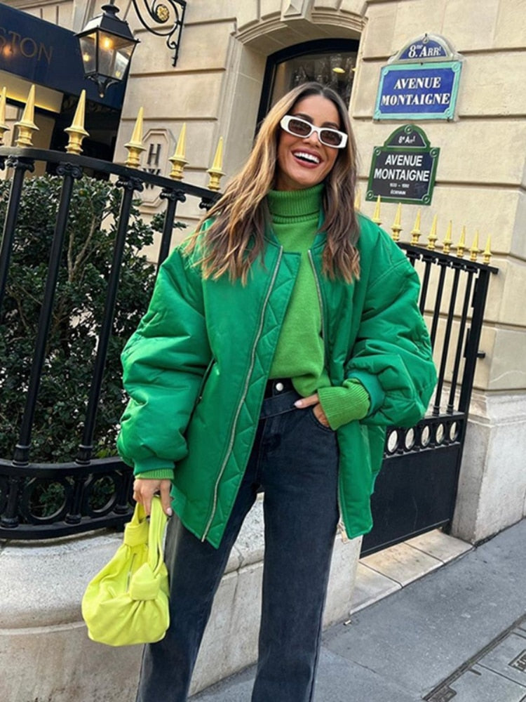 Jacket - Women Fashion Zipper Loose Green Bomber  Jackets