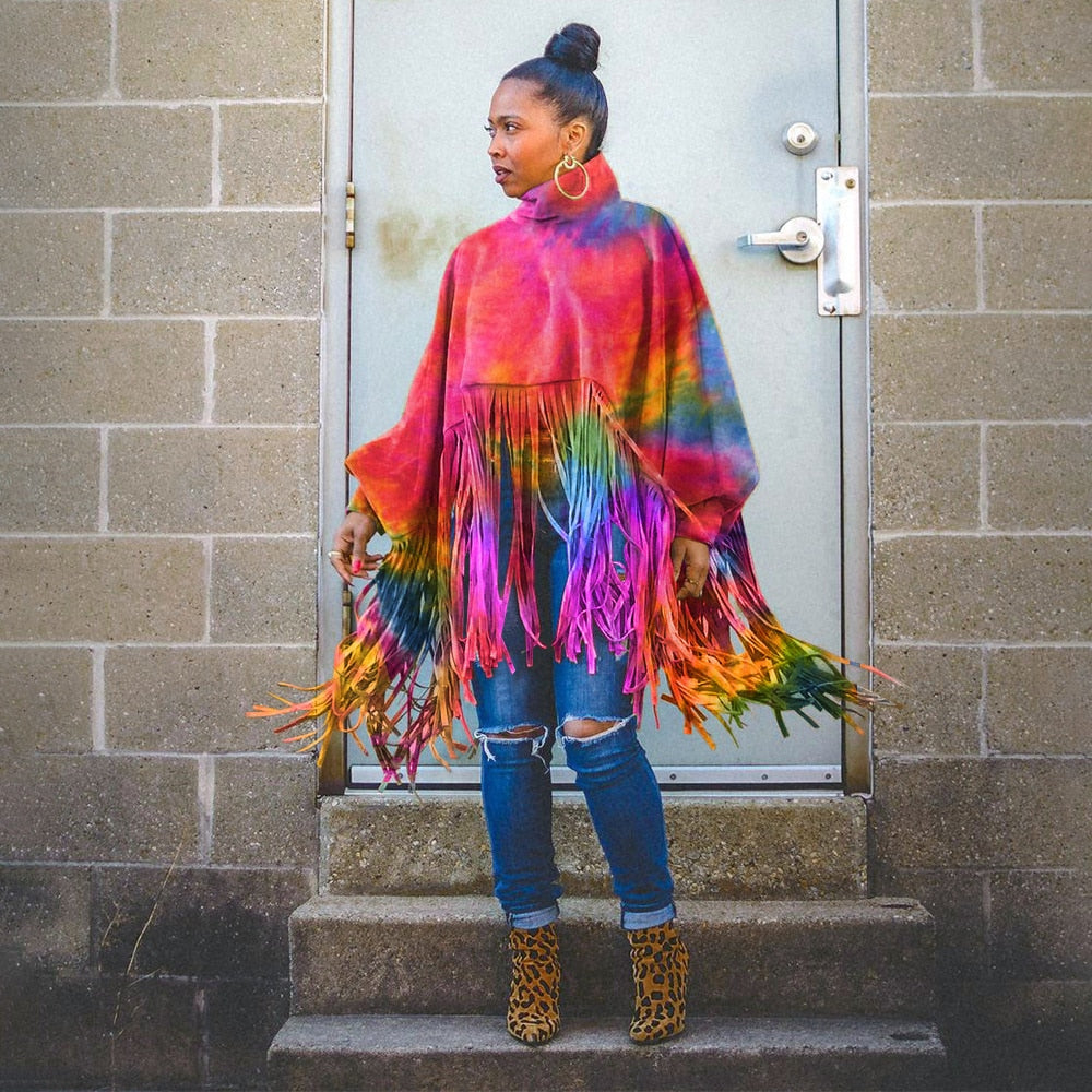 Fashion Long Sleeve Fringed Poncho