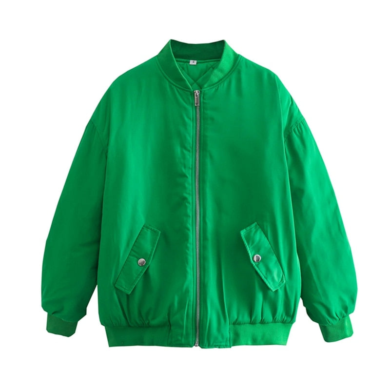 Jacket - Women Fashion Zipper Loose Green Bomber  Jackets