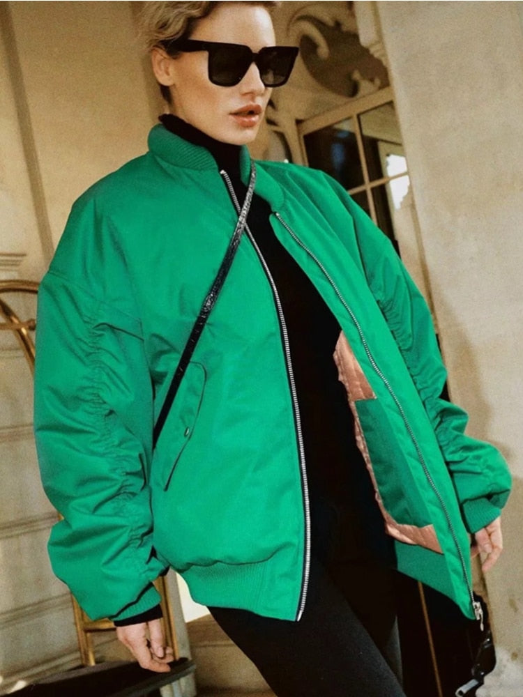 Jacket - Women Fashion Zipper Loose Green Bomber  Jackets