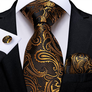 Luxury Gold Black Striped Paisley Silk Tie