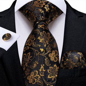 Luxury Gold Black Striped Paisley Silk Tie