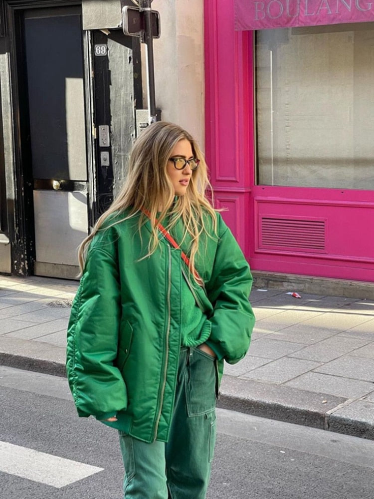 Jacket - Women Fashion Zipper Loose Green Bomber  Jackets