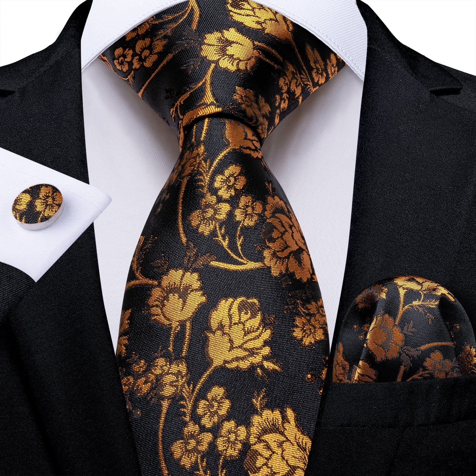 Luxury Gold Black Striped Paisley Silk Tie