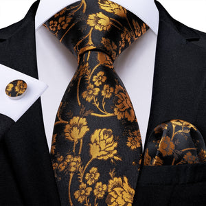 Luxury Gold Black Striped Paisley Silk Tie