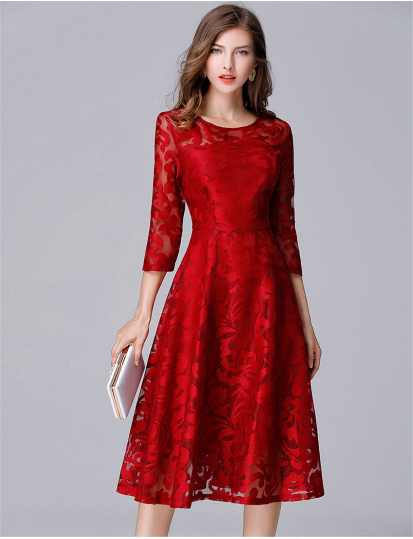 Plus Size Dress High Quality Women Fashion Red Lace Dress