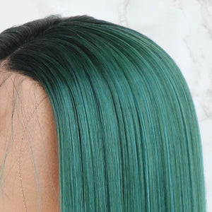 Wigs - -Two Tones Black Ombre Green Synthetic Lace Front