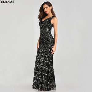 V-neck Tassel Sequin Sleeveless Evening Dress