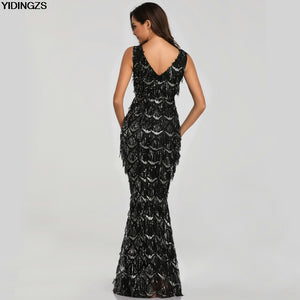 V-neck Tassel Sequin Sleeveless Evening Dress