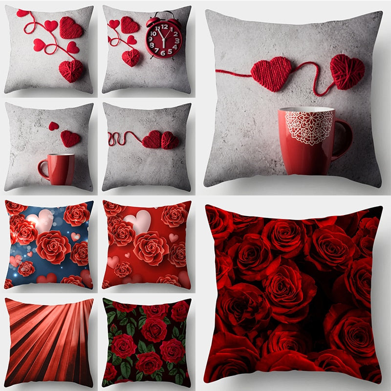 Pillow - Red Heart & Flowers Cushion Cover