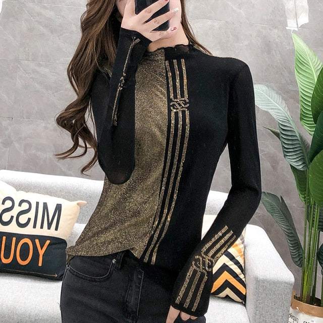 Long Sleeve Color Block Turtleneck T-shirt