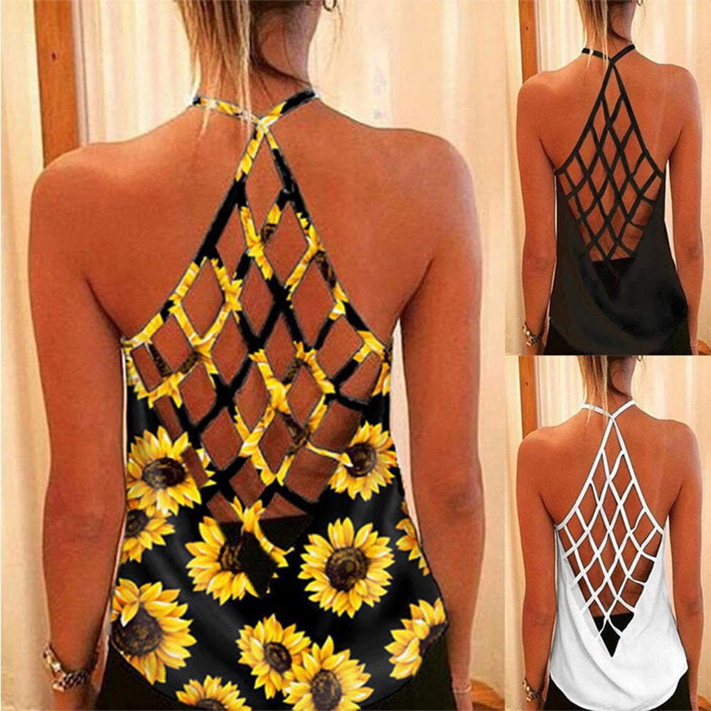 Sunflower Print Hollow Out Tank Top