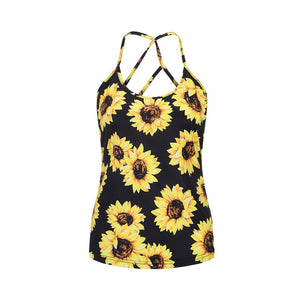 Sunflower Print Hollow Out Tank Top