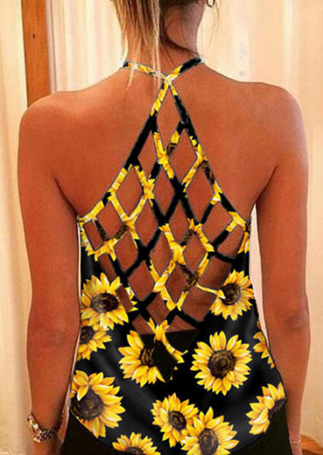 Sunflower Print Hollow Out Tank Top