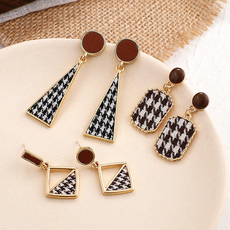 Earrings - Vintage Black White Plaid Cloth Geometric Drop Earrings