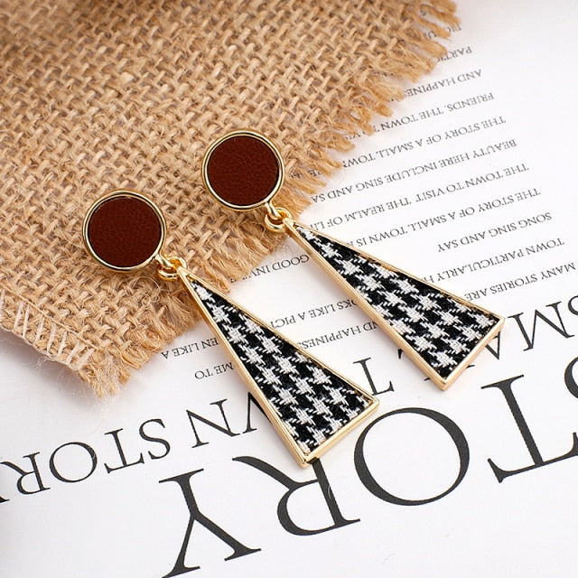 Earrings - Vintage Black White Plaid Cloth Geometric Drop Earrings