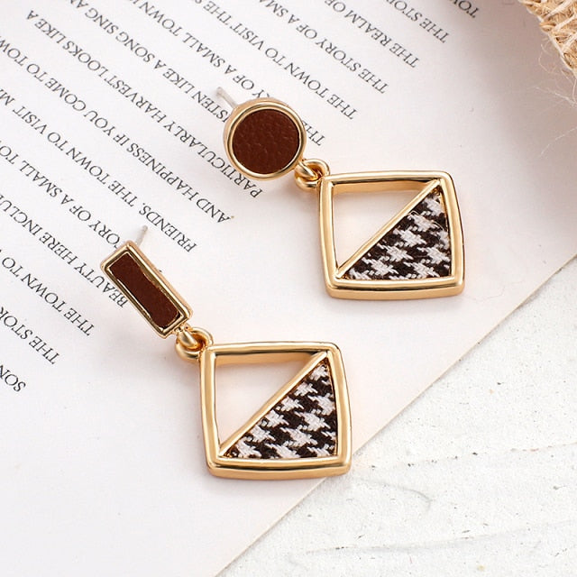 Earrings - Vintage Black White Plaid Cloth Geometric Drop Earrings