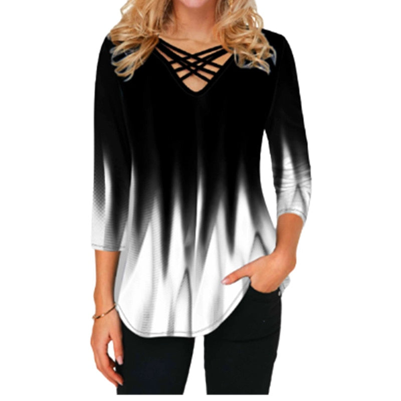 3D Gradient Print Cross V-Neck Blouse