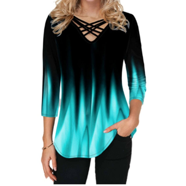 3D Gradient Print Cross V-Neck Blouse