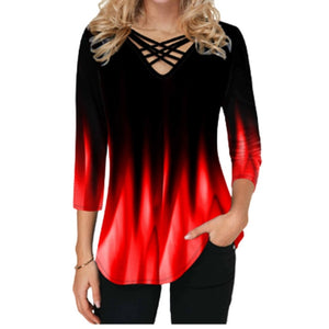 3D Gradient Print Cross V-Neck Blouse