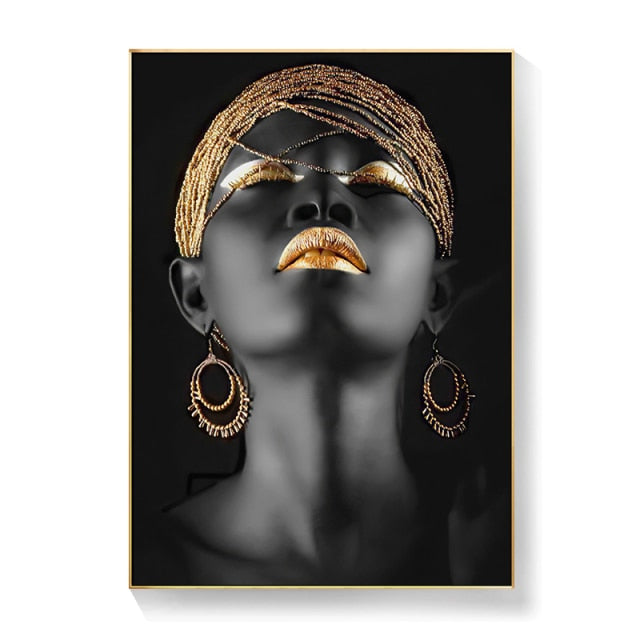 African Art Black and Gold Woman Canvas Painting