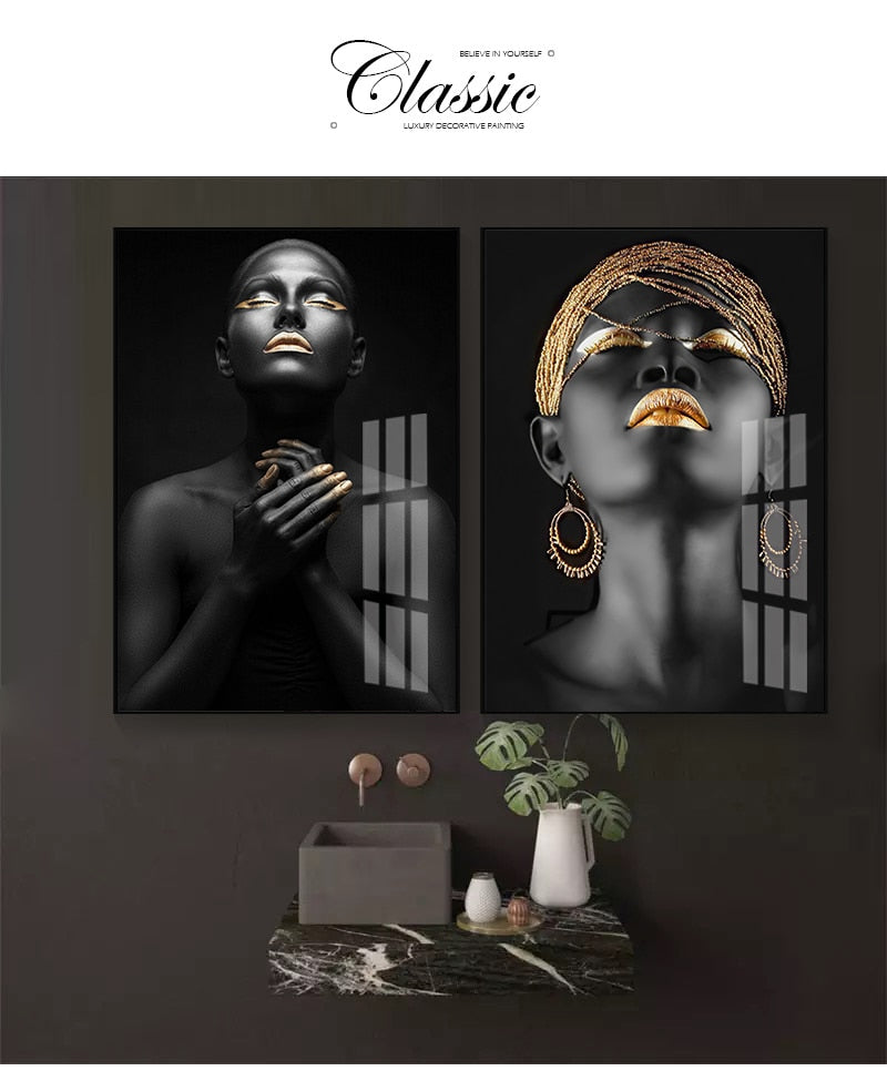 African Art Black and Gold Woman Canvas Painting