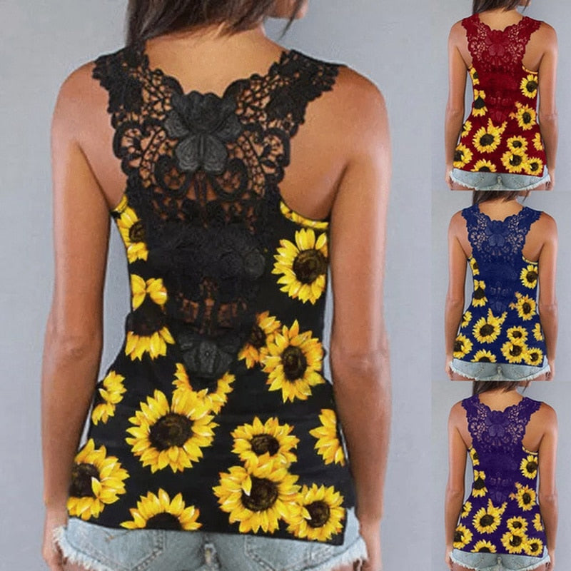 Women Sunflower Print Sleevless Shirt