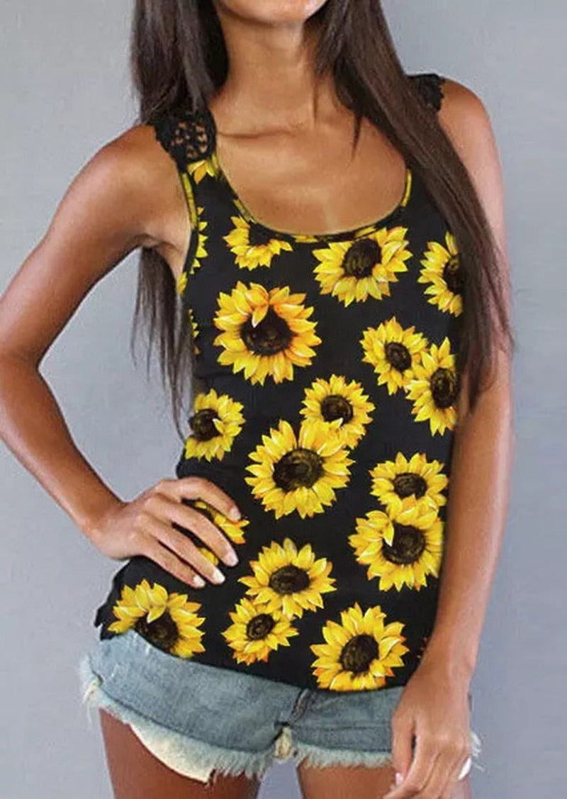 Women Sunflower Print Sleevless Shirt