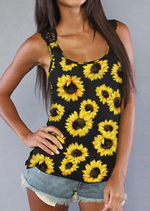 Women Sunflower Print Sleevless Shirt