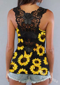 Women Sunflower Print Sleevless Shirt