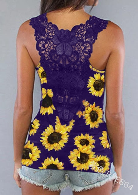 Women Sunflower Print Sleevless Shirt