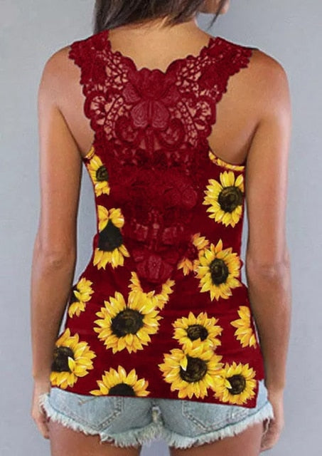 Women Sunflower Print Sleevless Shirt