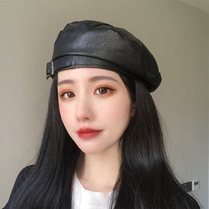 Beret Solid Faux PU Leather Beret