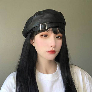 Beret Solid Faux PU Leather Beret