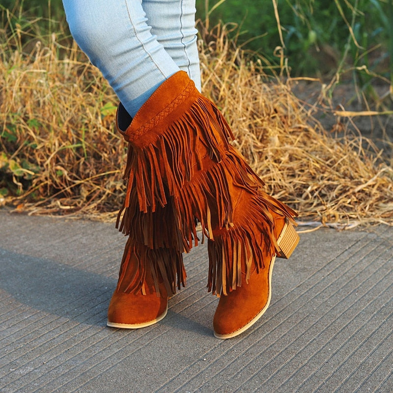 Tassel Heel Mid-calf Boots