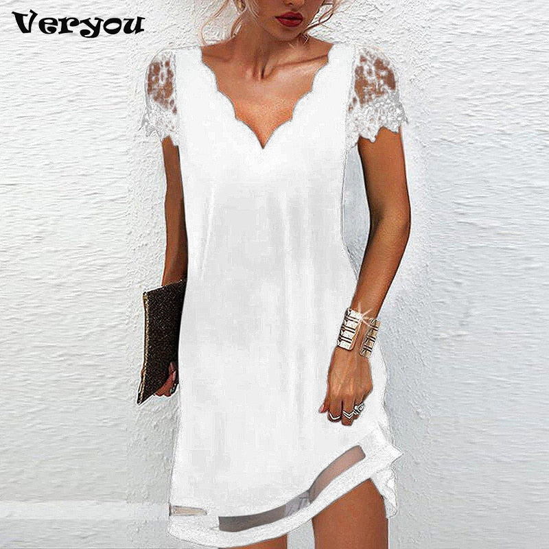 Dazzling V Neck Lace Short Dress