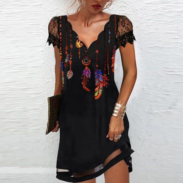 Dazzling V Neck Lace Short Dress