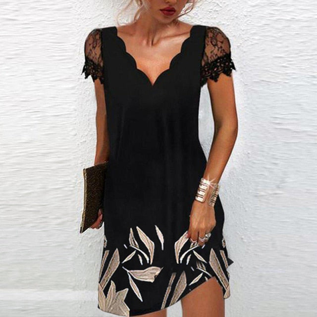 Dazzling V Neck Lace Short Dress