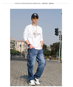 Mens Multi Pocket Wide Leg Loose Cargo Jeans