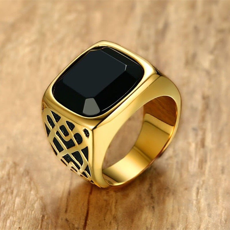 Ring - Men Square Black Carnelian Semi-Precious Stone Signet