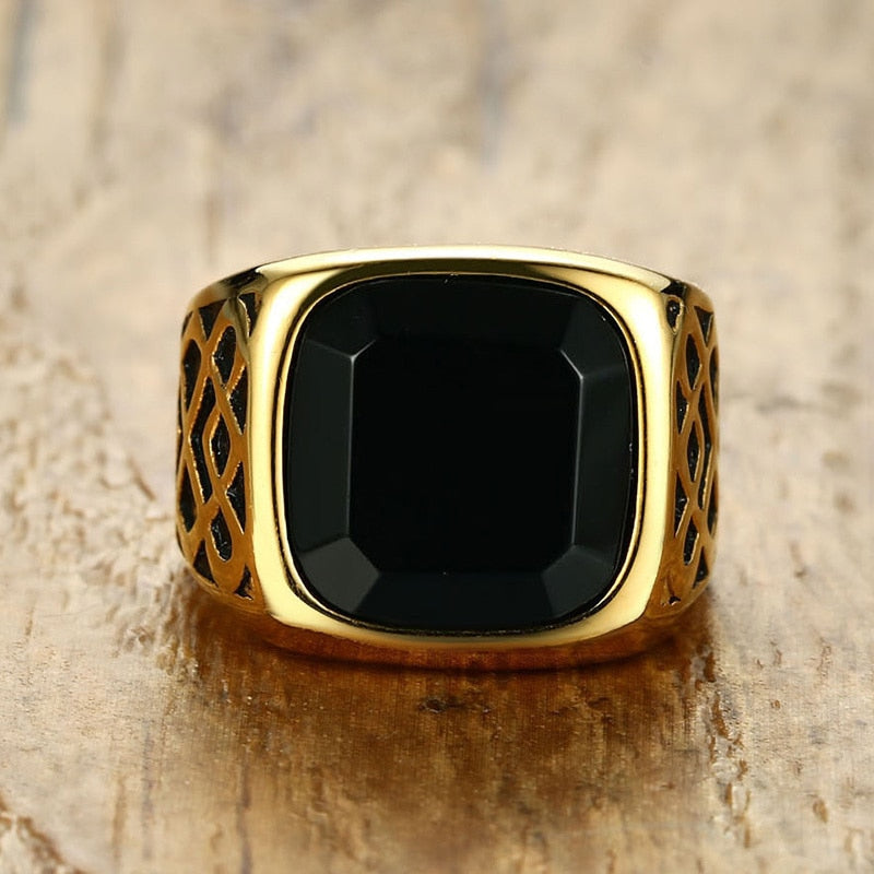 Ring - Men Square Black Carnelian Semi-Precious Stone Signet