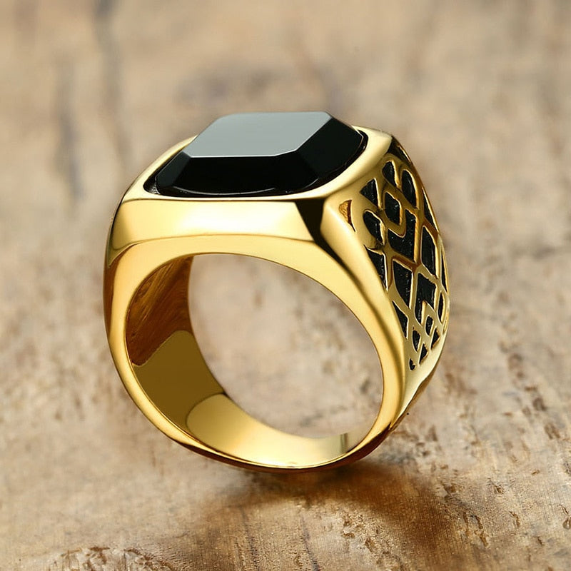 Ring - Men Square Black Carnelian Semi-Precious Stone Signet