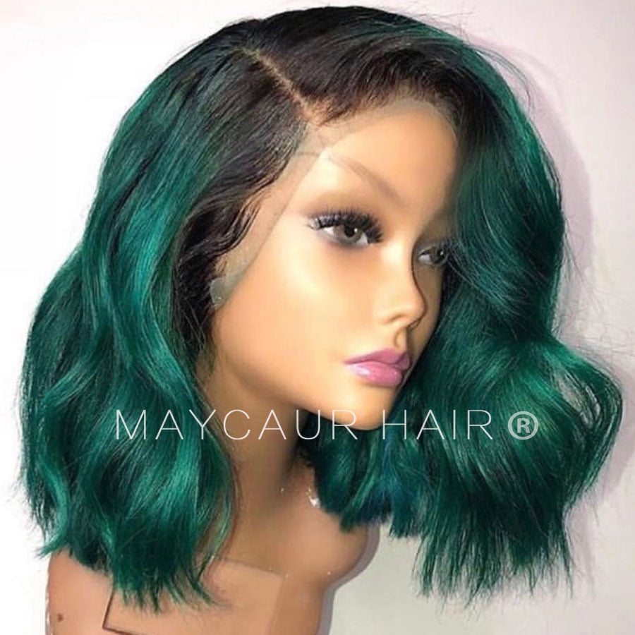 Wigs - -Two Tones Black Ombre Green Synthetic Lace Front